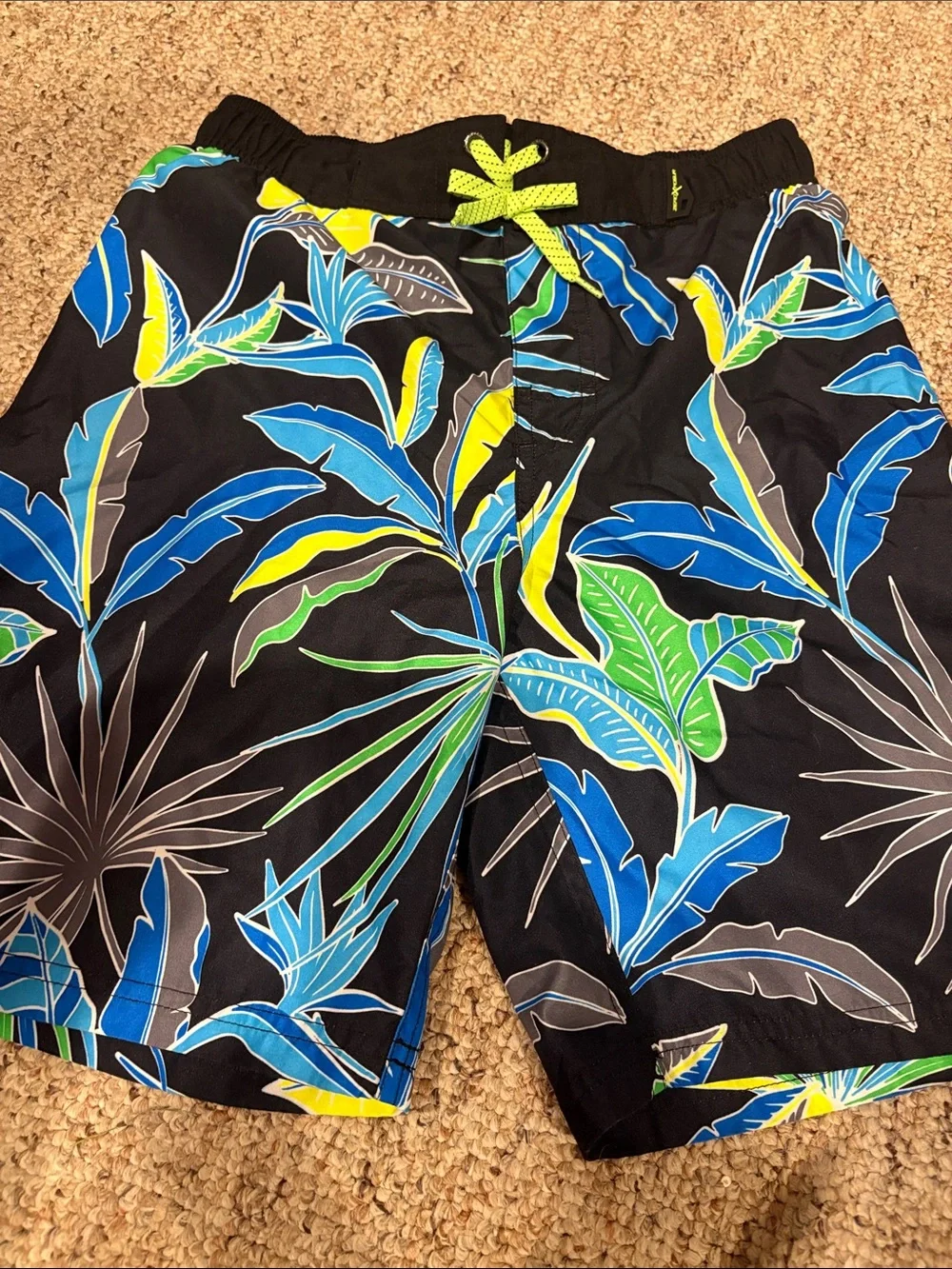 Boys  Black Tropical Print Swim Trunks with Blue & Green Accents